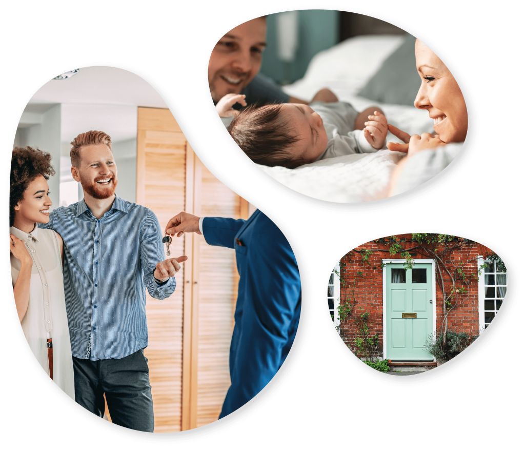 A collage of different images, people collecting keys, a baby and a house - showing the different areas of life that COG Financial can help with.